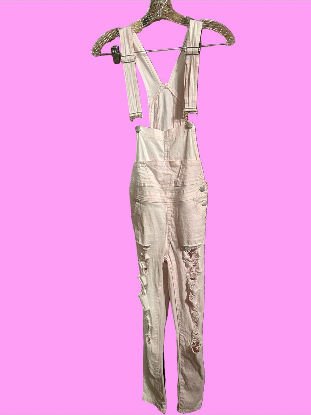 Light Pink Distressed Denim Overalls